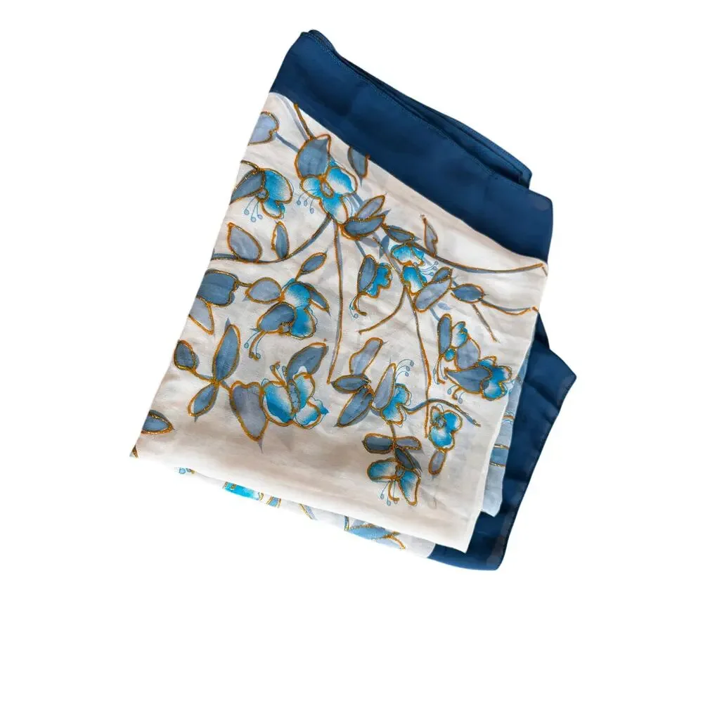 De’Ogos Women's Blue Elegant Floral Accent Neck Sheer Scarf Size 38X38